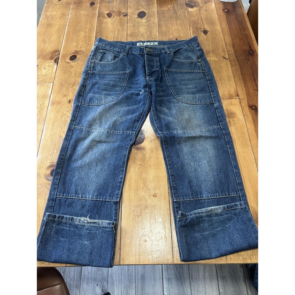 EMCEE Premium Denim Men's Jeans W36 L32 Blue Relaxed Fit Button Fly Distressed